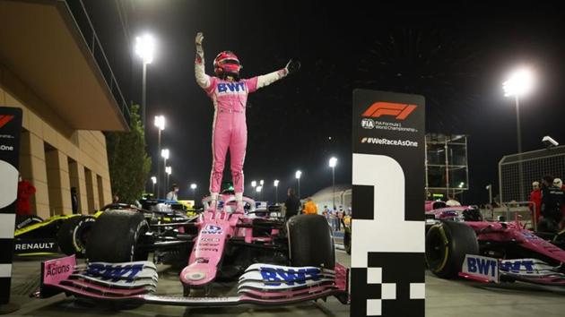 Racing Point's Sergio Perez celebrates after winning the race.(Pool via REUTERS)