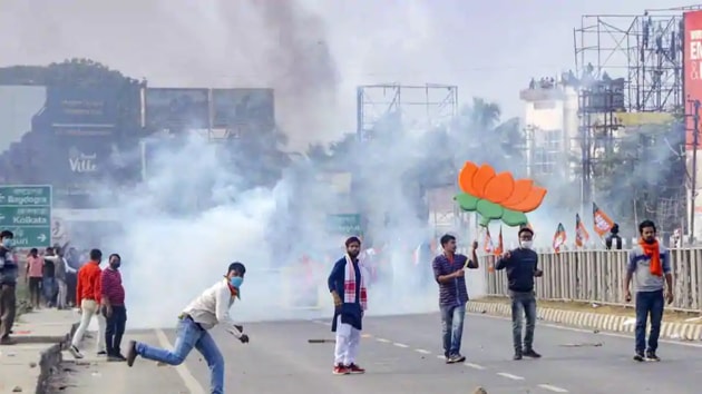 BJP workers clash with the police in Siliguri during a protest against alleged corruption and deteriorating law and order in West Bengal on Monday (PTI) BJP workers clash with the police in Siliguri during a protest against alleged corruption and deteriorating law and order in West Bengal on Monday (PTI)