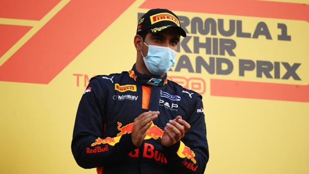 Race winner Jehan Daruvala of India and Carlin celebrates on the podium during the Round 12:Sakhir Sprint Race of the Formula 2 Championship at Bahrain International Circuit.(Getty Images)