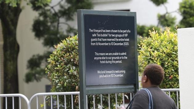 A sign outside The Vineyard Hotel in Cape Town, South Africa, Tuesday, Dec. 8, 2020, stating that the establishment is closed to the public as they host the South African and England Cricket teams. England’s ODI cricket series in South Africa has been canceled after an outbreak of COVID-19 cases at the luxurious Cape Town hotel where both teams are staying. (AP Photo/Nardus Engelbrecht) (AP) A sign outside The Vineyard Hotel in Cape Town, South Africa, Tuesday, Dec. 8, 2020, stating that the establishment is closed to the public as they host the South African and England Cricket teams. England’s ODI cricket series in South Africa has been canceled after an outbreak of COVID-19 cases at the luxurious Cape Town hotel where both teams are staying. (AP Photo/Nardus Engelbrecht) (AP)