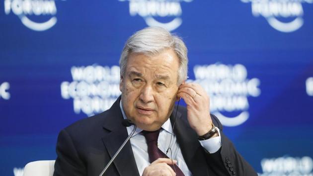 UN Secretary-General Antonio Guterres attends a session during the World Economic Forum in Davos, Switzerland. (AP) UN Secretary-General Antonio Guterres attends a session during the World Economic Forum in Davos, Switzerland. (AP)