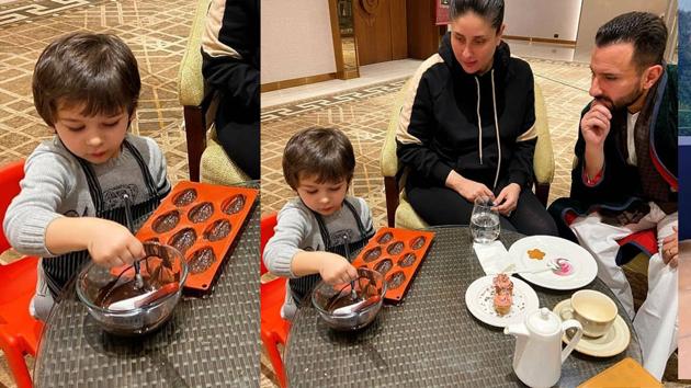 Kareena and Saif also accompanied Taimur for a baking session at their hotel. The couple kept an eye on the little one as he filled chocolate in tiny moulds.