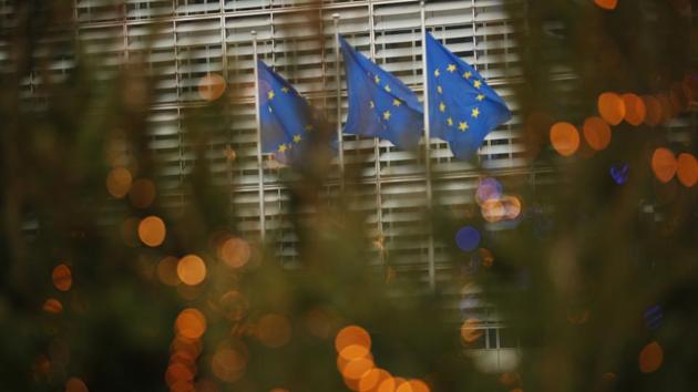 European Union flags flutter in the wind.(AP)