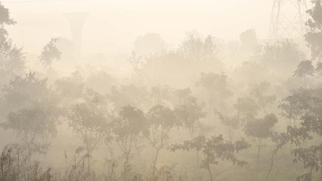 Trees shrouded in a thick layer of fog near the banks of Yamuna river in New Delhi on December 9. As Delhi’s air quality remains in the very poor category, Indian Meteorological Department (IMD) has forecasted that Delhi is likely to receive rain on December 11 and 12, which might bring a slight improvement in the air quality that touched 317 air quality index (AQI) at 7 am on December 10. (Arvind Yadav / HT Photo) Trees shrouded in a thick layer of fog near the banks of Yamuna river in New Delhi on December 9. As Delhi’s air quality remains in the very poor category, Indian Meteorological Department (IMD) has forecasted that Delhi is likely to receive rain on December 11 and 12, which might bring a slight improvement in the air quality that touched 317 air quality index (AQI) at 7 am on December 10. (Arvind Yadav / HT Photo)