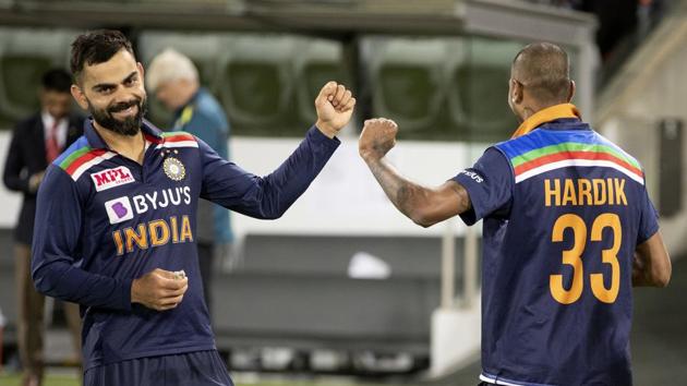 India's Virat Kohli, left, gestures with teammate India's Hardik Pandya (AP) India's Virat Kohli, left, gestures with teammate India's Hardik Pandya (AP)