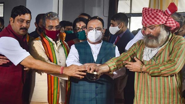 BJP national president JP Nadda at the inauguration of the party’s election office in Kolkata on Wednesday.(PTI)