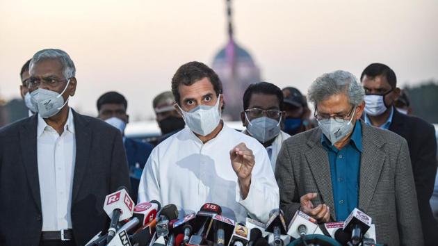 Congress leader Rahul Gandhi speaks to media after a delegation of Opposition leaders met President Ram Nath Kovind at Rashtrapati Bhavan and presented a memorandum regarding farmers' issue, in New Delhi, Wednesday, Dec. 9,2020. (PTI photo) Congress leader Rahul Gandhi speaks to media after a delegation of Opposition leaders met President Ram Nath Kovind at Rashtrapati Bhavan and presented a memorandum regarding farmers' issue, in New Delhi, Wednesday, Dec. 9,2020. (PTI photo)
