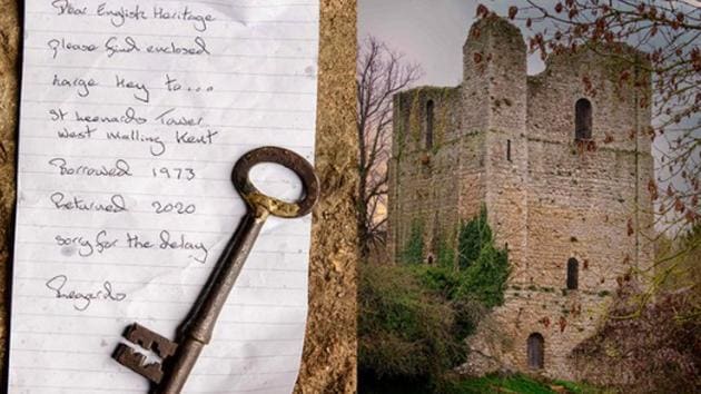 The image shows the key and the apology note sent by an anonymous person.(Twitter@EnglishHeritage) The image shows the key and the apology note sent by an anonymous person.(Twitter@EnglishHeritage)