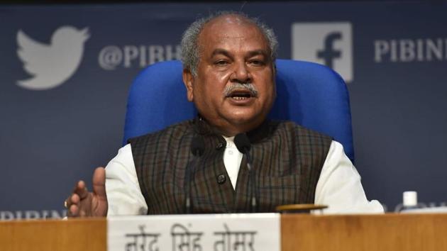 Union Minister Narendra Singh Tomar during a press conference at National Media Centre, in New Delhi.(HT photo)
