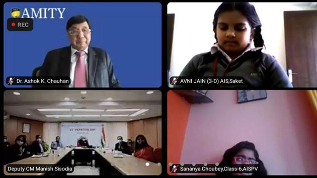 The virtual event was graced by, among many dignitaries, Amity Education Group founder president Dr. Ashok K Chauhan (top left) and Delhi deputy CM Manish Sisodia (above). Also seen is Avni Jain, a Class 3 student of AIS, Saket