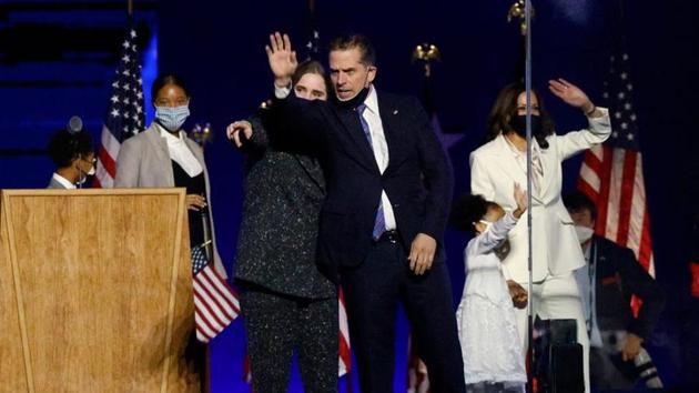Hunter Biden, the son of Joe Biden, celebrates onstage at an election rally on November 7.(Reuters) Hunter Biden, the son of Joe Biden, celebrates onstage at an election rally on November 7.(Reuters)