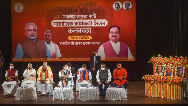 BJP National President JP Nadda (4R), BJP National Secretary Kailash Vijayvargiya (3R), State Party President Dilip Ghosh and others during a party meeting at ICCR in Kolkata. (PTI) BJP National President JP Nadda (4R), BJP National Secretary Kailash Vijayvargiya (3R), State Party President Dilip Ghosh and others during a party meeting at ICCR in Kolkata. (PTI)