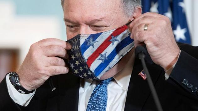 US Secretary of State Mike Pompeo puts on this mask after speaking to the media in Washington DC, US. (Reuters/ File photo) US Secretary of State Mike Pompeo puts on this mask after speaking to the media in Washington DC, US. (Reuters/ File photo)