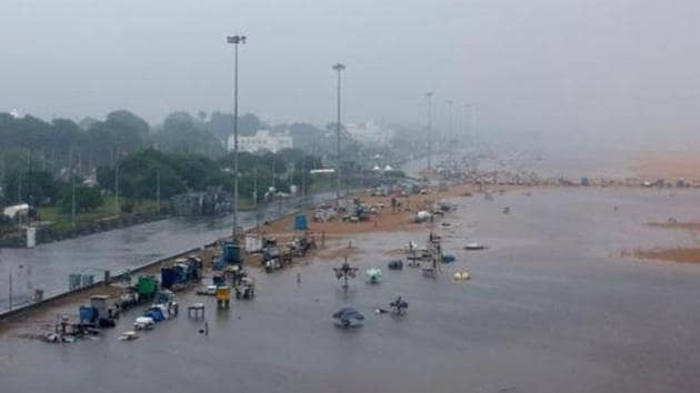 A deserted Marina beach during rains before Cyclone Nivar's landfall, in Chennai on November 25.(File photo)