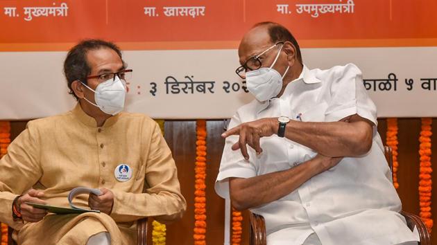 Mumbai: Maharashtra Chief Minister Uddhav Thackeray and NCP Chief Sharad Pawar during a book launch on the completion of one year of their alliance-led government in the state, in Mumbai.(PTI)