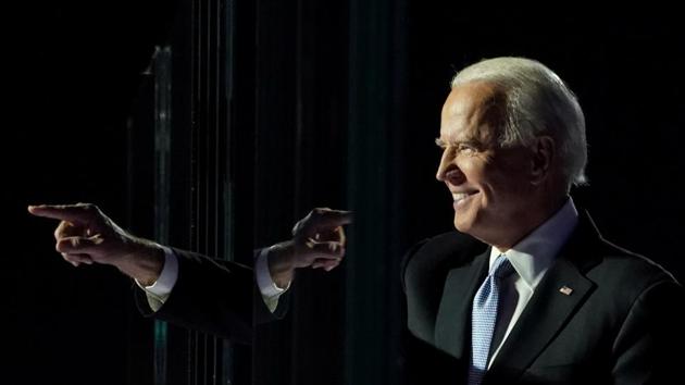 Joe Biden points a finger at an election rally after news media announced that he has won the 2020 US presidential election, in Wilmington, Delaware, on November 7.(Reuters file)