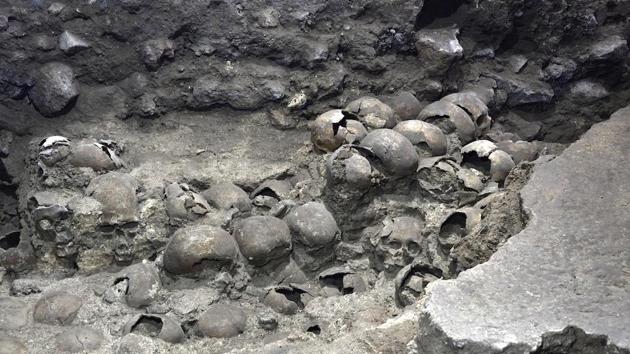 A photo shows parts of an Aztec tower of human skulls, believed to form part of the Huey Tzompantli, a massive array of skulls that struck fear into the Spanish conquistadores when they captured the city under Hernan Cortes, at the Templo Mayor archaeology site, in Mexico City, Mexico. (via REUTERS) A photo shows parts of an Aztec tower of human skulls, believed to form part of the Huey Tzompantli, a massive array of skulls that struck fear into the Spanish conquistadores when they captured the city under Hernan Cortes, at the Templo Mayor archaeology site, in Mexico City, Mexico. (via REUTERS)
