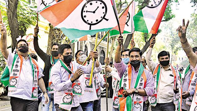 NCP party workers celebrate after the final results of graduate seats in Maharashtra on December 4. (HT Photo) NCP party workers celebrate after the final results of graduate seats in Maharashtra on December 4. (HT Photo)