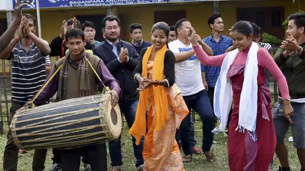 Activists of United People’s Party Liberal (UPPL) celebrate the BTC poll results, at Baganpara in Baksa district of Assam on Sunday. (PTI) Activists of United People’s Party Liberal (UPPL) celebrate the BTC poll results, at Baganpara in Baksa district of Assam on Sunday. (PTI)