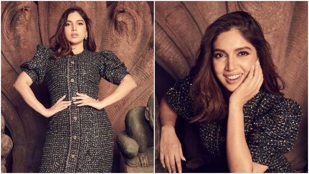 Bhumi’s tweed midi dress and heels make for the perfect night-out look(Instagram/bhumipednekar)