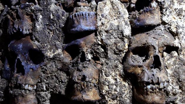 A photo shows parts of an Aztec tower of human skulls, believed to form part of the Huey Tzompantli, a massive array of skulls that struck fear into the Spanish conquistadores when they captured the city under Hernan Cortes, at the Templo Mayor archaeology site, in Mexico City, Mexico. (via REUTERS) A photo shows parts of an Aztec tower of human skulls, believed to form part of the Huey Tzompantli, a massive array of skulls that struck fear into the Spanish conquistadores when they captured the city under Hernan Cortes, at the Templo Mayor archaeology site, in Mexico City, Mexico. (via REUTERS)