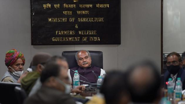 Union agriculture minister Narendra Singh Tomar and minister of state for commerce and industry Som Parkash met home minister Amit Shah on Sunday.(PTI Photo)