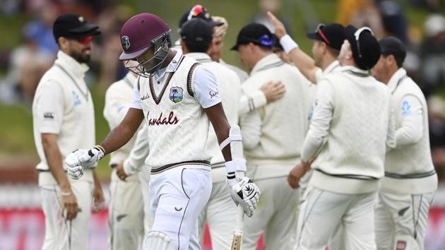 West Indies' batsman Kraigg Brathwaite walks off after being caught by New Zealand's Will Young during play on the third day of their second cricket test at Basin Reserve in Wellington, New Zealand, Sunday, Dec. 13, 2020.(AP)