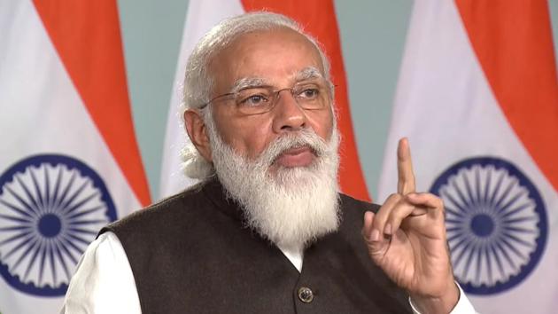 Prime Minister Narendra Modi speaks at the Climate Ambition Summit via video conferencing to mark the fifth anniversary of the Paris Agreement, in New Delhi.(PTI)