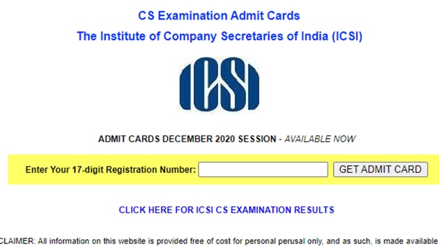 ICSI December exam admit card 2020.(Screengrab)