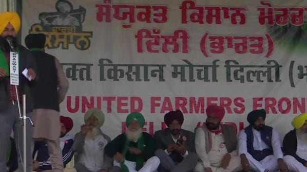 Farmers sitting on a hunger strike at Singhu border near Delhi on Monday.(ANI Photo)