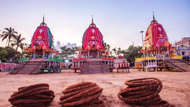 The chariots of Lord Jagnnath, Lord Balabhadra and Goddess Subhadra at the Gundicha temple before staring the journey back to the Jagannath temple in Puri. (HT PHOTO) The chariots of Lord Jagnnath, Lord Balabhadra and Goddess Subhadra at the Gundicha temple before staring the journey back to the Jagannath temple in Puri. (HT PHOTO)