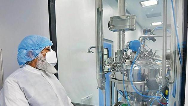 PM Narendra Modi visits the Zydus Biotech Park to review the development of a Covid-19 vaccine in Ahmedabad on Nov 28.(PTI)