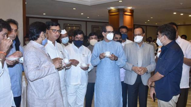 (From left) Anil Deshmukh, Ashok Chavan, Balasaheb Thorat, Eknath Shinde, Uddhav Thackeray, Ajit Pawar and Jitendra Awhad at the tea party at Sahyadri guesthouse at Malabar Hill on Sunday. (HT PHOTO) (From left) Anil Deshmukh, Ashok Chavan, Balasaheb Thorat, Eknath Shinde, Uddhav Thackeray, Ajit Pawar and Jitendra Awhad at the tea party at Sahyadri guesthouse at Malabar Hill on Sunday. (HT PHOTO)