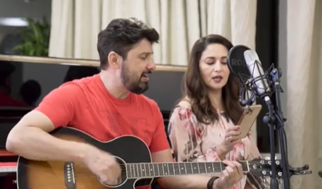 Madhuri Dixit gave a glimpse of her jamming session with her husband, Dr Shriram Nene, and their sons, Arin and Ryan.