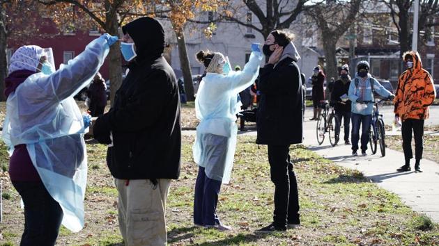 A view of a swab collection drive organised by Philadelphia FIGHT Community Health Centers at Mifflin Square Park, in Philadelphia on December 10. There are over 108,000 hospitalised Covid-19 patients, the highest since the first coronavirus case was detected in the country in January, Reuters reported. (Matt Slocum / AP) A view of a swab collection drive organised by Philadelphia FIGHT Community Health Centers at Mifflin Square Park, in Philadelphia on December 10. There are over 108,000 hospitalised Covid-19 patients, the highest since the first coronavirus case was detected in the country in January, Reuters reported. (Matt Slocum / AP)