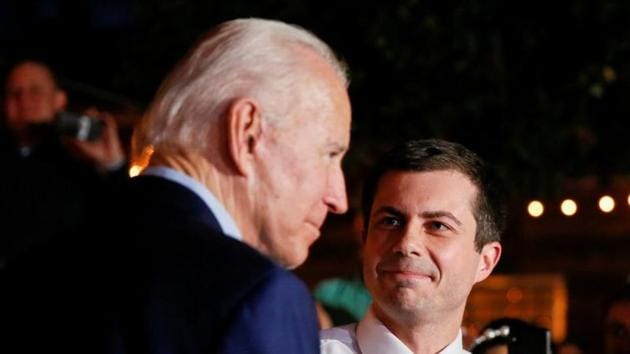 A file photo of Pete Buttigieg endorsing Joe Biden at Chicken Scratch in Dallas, Texas on March 2,(REUTERS)