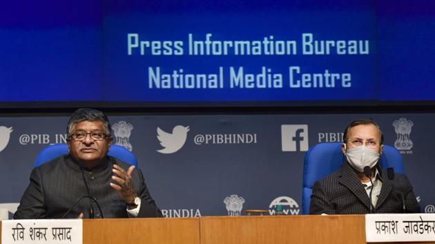 Union ministers Ravi Shankar Prasad and Prakash Javadekar during a press briefing on Cabinet decisions, at National Media Centre in New Delhi on Wednesday.(PTI)