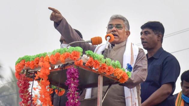 BJP State President Dilip Ghosh addresses a rally at Patiram in South Dinajpur district of West Bengal, Monday, Dec. 14, 2020. (PTI) BJP State President Dilip Ghosh addresses a rally at Patiram in South Dinajpur district of West Bengal, Monday, Dec. 14, 2020. (PTI)