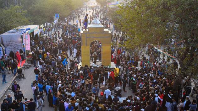 An installation at Shaheen Bagh on February 2. When the protest first started, not many outside the national capital knew of Shaheen Bagh, a small colony in southeast Delhi. Over time people were drawn by the swelling movement, the replicas of the India Gate monument where names of those who died in the anti-CAA protests across the country were etched. They came to hear revolutionary poems being read out by young men and women. (Amal KS / HT Archive)
