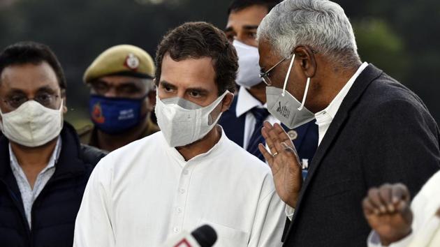 Opposition leaders Rahul Gandhi, D. Raja, and others address media after meeting with President Ram Nath Kovind, at Rashtrapati Bhawan, in New Delhi, India, on Wednesday, December 9, 2020.(Sanjeev Verma/HT PHOTO) Opposition leaders Rahul Gandhi, D. Raja, and others address media after meeting with President Ram Nath Kovind, at Rashtrapati Bhawan, in New Delhi, India, on Wednesday, December 9, 2020.(Sanjeev Verma/HT PHOTO)