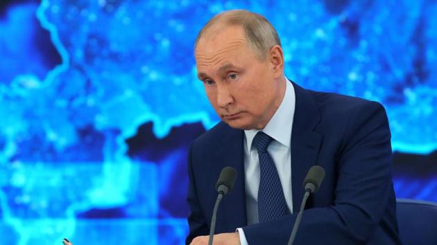 Russian President Vladimir Putin attends his annual end-of-year news conference, held online in a video conference mode. (REUTERS) Russian President Vladimir Putin attends his annual end-of-year news conference, held online in a video conference mode. (REUTERS)