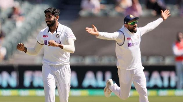 Indian pacer Jasprit Bumrah and skipper Virat Kohli celebrates wicket of Joe Burns on the second day of the first Test against Australia in Adelaide (BCCI/Twitter) Indian pacer Jasprit Bumrah and skipper Virat Kohli celebrates wicket of Joe Burns on the second day of the first Test against Australia in Adelaide (BCCI/Twitter)