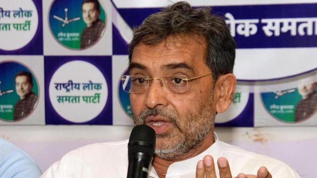 Patna-June.30,2019-Rashtriya Lok Samata Party president Upendra Kushwaha is addressing a press conference at party office in Patna. Bihar India on Sunday June 30,2019.(Photo santosh kumar/Hindustan Times)