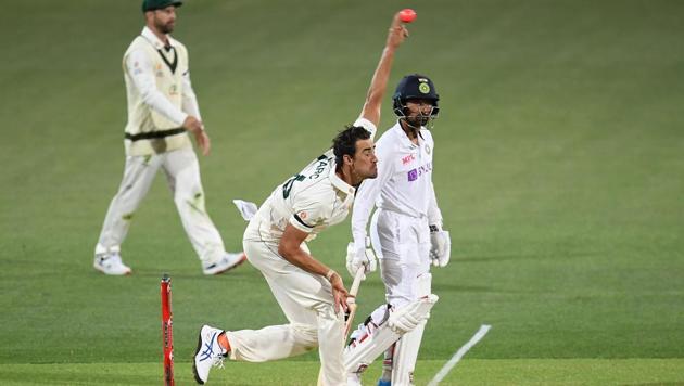 Australian Mitchell Starc bowls on day 1 of the first test match between Australia and India at Adelaide Oval, Adelaide, Australia, December 17, 2020.(REUTERS)