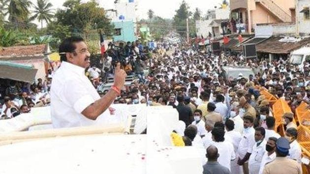 Addressing his supporters from an open van, which had a portrait of six-time chief minister Jayalalaithaa, he listed his government’s achievements in various sectors. (Photo @CMOTamilNadu) Addressing his supporters from an open van, which had a portrait of six-time chief minister Jayalalaithaa, he listed his government’s achievements in various sectors. (Photo @CMOTamilNadu)