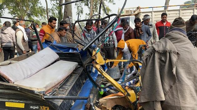 The mangled remains of the auto at the accident site in Ambala on Friday. (HT PHOTO) The mangled remains of the auto at the accident site in Ambala on Friday. (HT PHOTO)