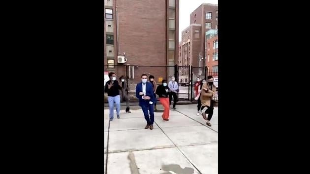 The image shows healthcare workers from Boston Medical Center dancing to American singer Lizzo’s song Good As Hell. (Twitter/@KateWalshCEO) The image shows healthcare workers from Boston Medical Center dancing to American singer Lizzo’s song Good As Hell. (Twitter/@KateWalshCEO)