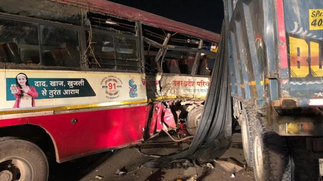 Most of the injured were seated on the right side of the UP transport bus which was hit by the truck on the Yamuna Expressway. (Sourced Photo) Most of the injured were seated on the right side of the UP transport bus which was hit by the truck on the Yamuna Expressway. (Sourced Photo)