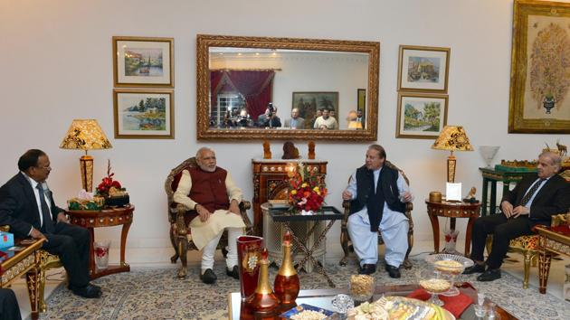 Prime Minister Narendra Modi with the then Pakistan prime minister Nawaz Sharis in Lahore on December 25, 2015.(PIB Photo) Prime Minister Narendra Modi with the then Pakistan prime minister Nawaz Sharis in Lahore on December 25, 2015.(PIB Photo)