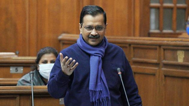 Chief minister of Delhi Arvind Kejriwal addressing a special session of the Delhi Vidhan Sabha on the new farm laws, in New Delhi on Thursday.(HT Photo)